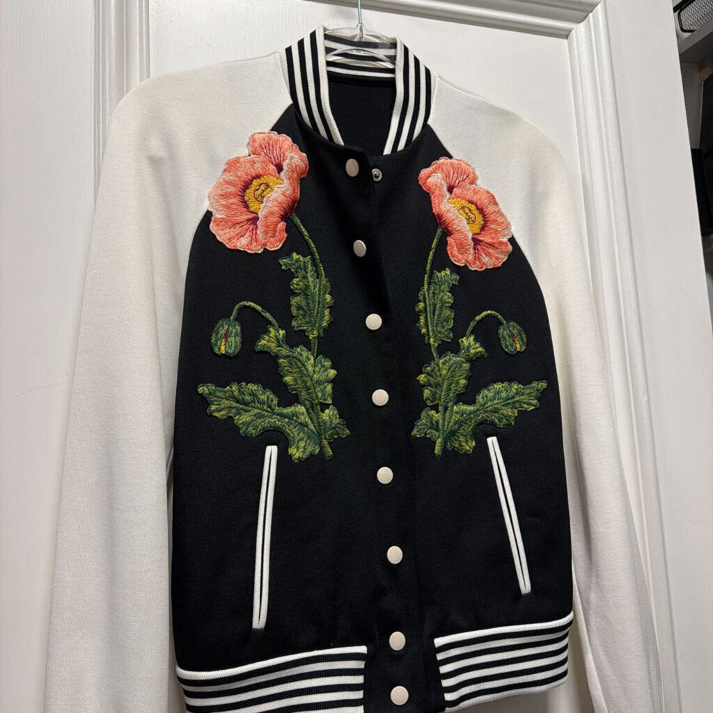 Black/White Floral Poly/Cotton Bomber Jacket