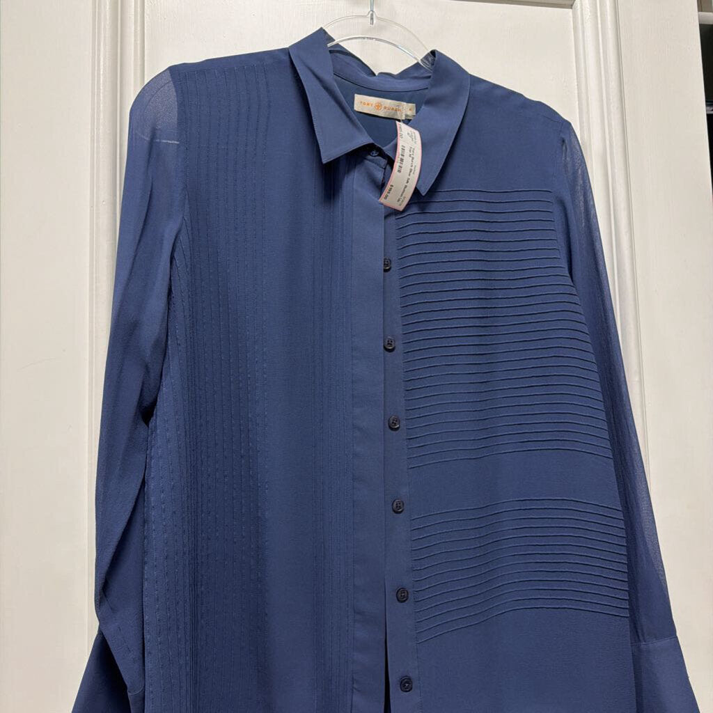 Blue Silk Button Up Top