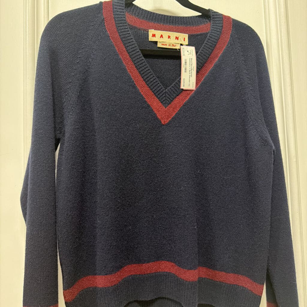 Navy/Burgundy Cashmere V Neck Sweater