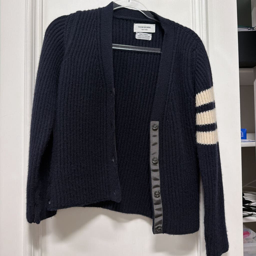 Navy Cashmere Stripe Cardigan Sweater
