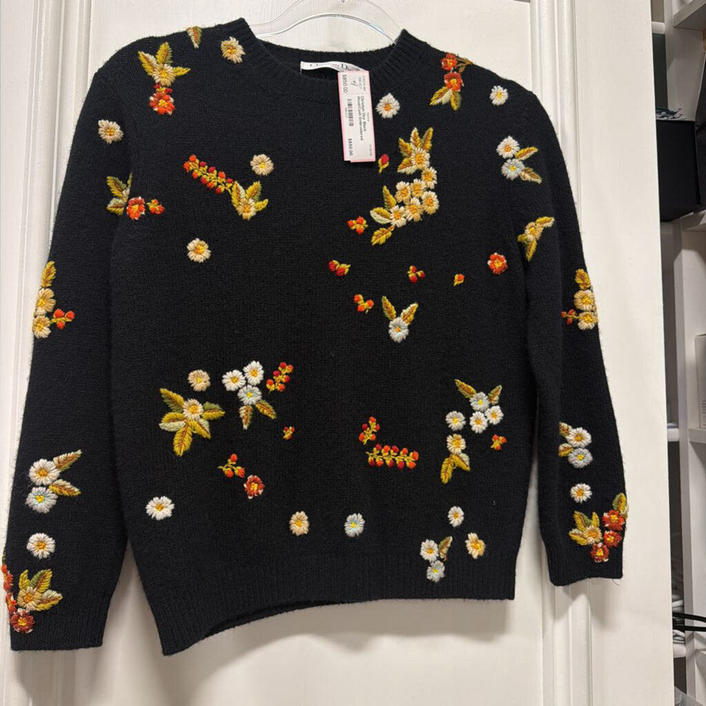 Black Wool/Cash Embroidered Sweater
