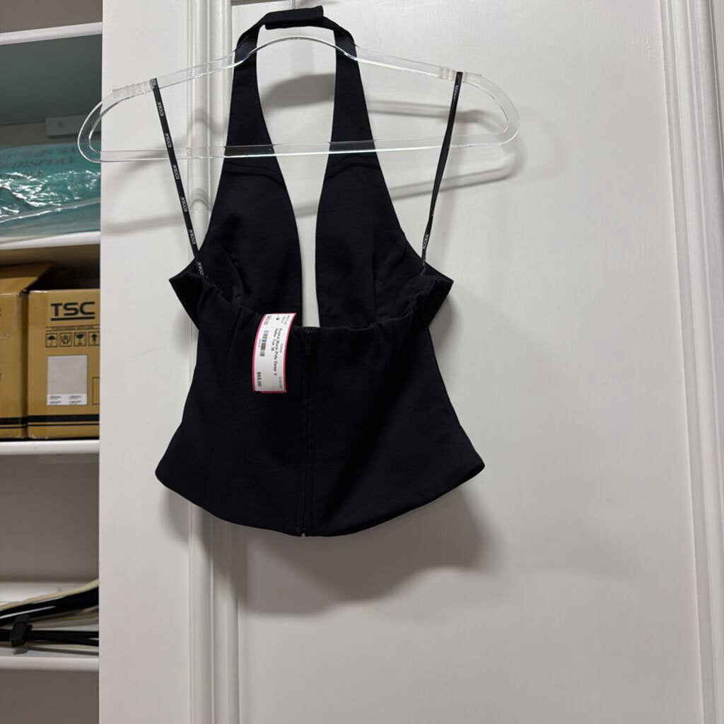 Black Poly Deep V Halter Top