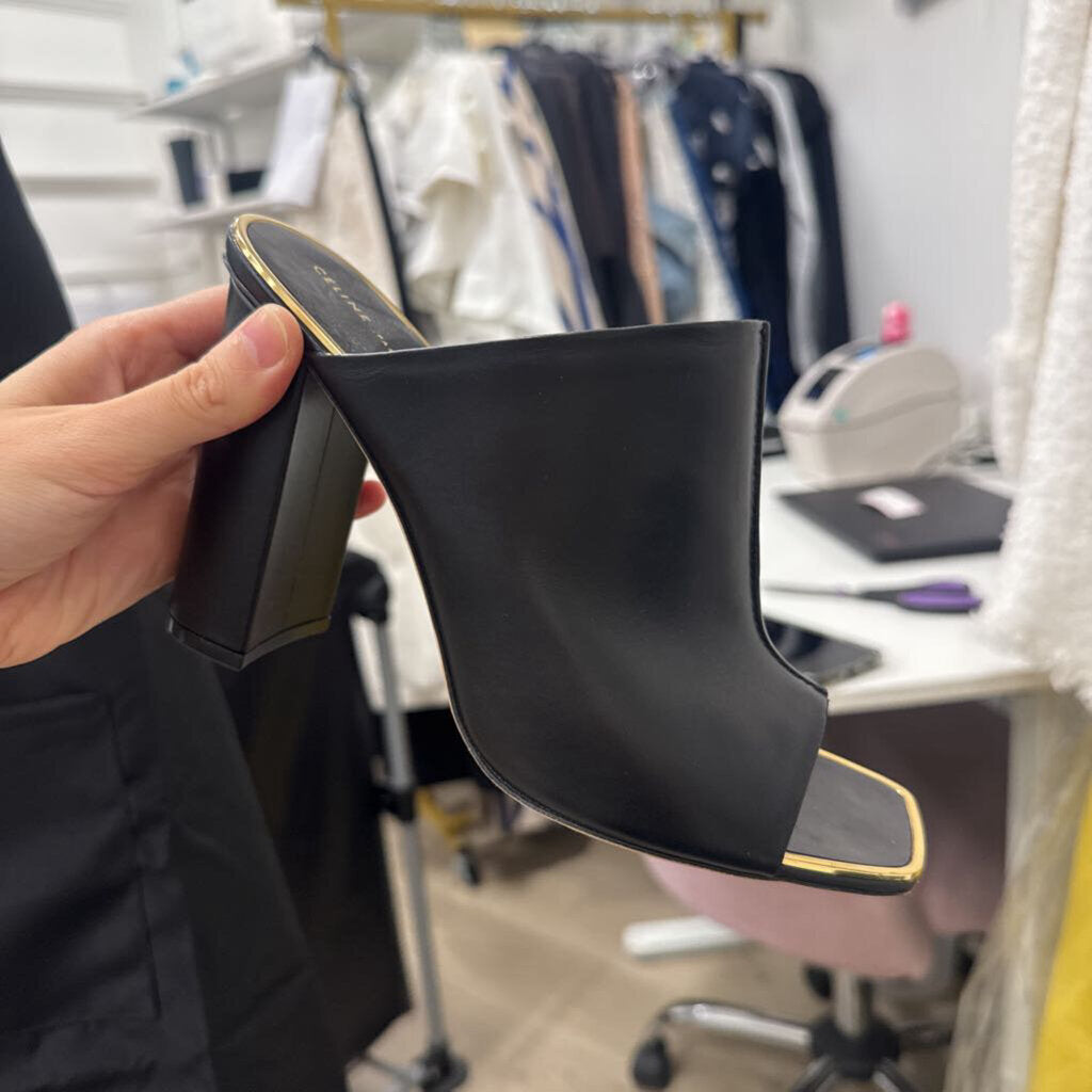 Black Leather Heeled Mules