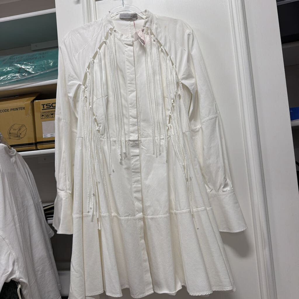 White Cotton Fringe Shirt Dress