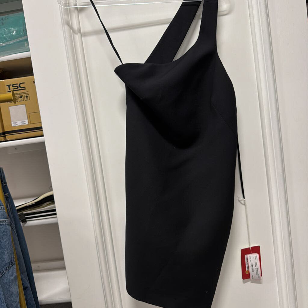 Black Wool/Silk One-Shoulder Mini Dress