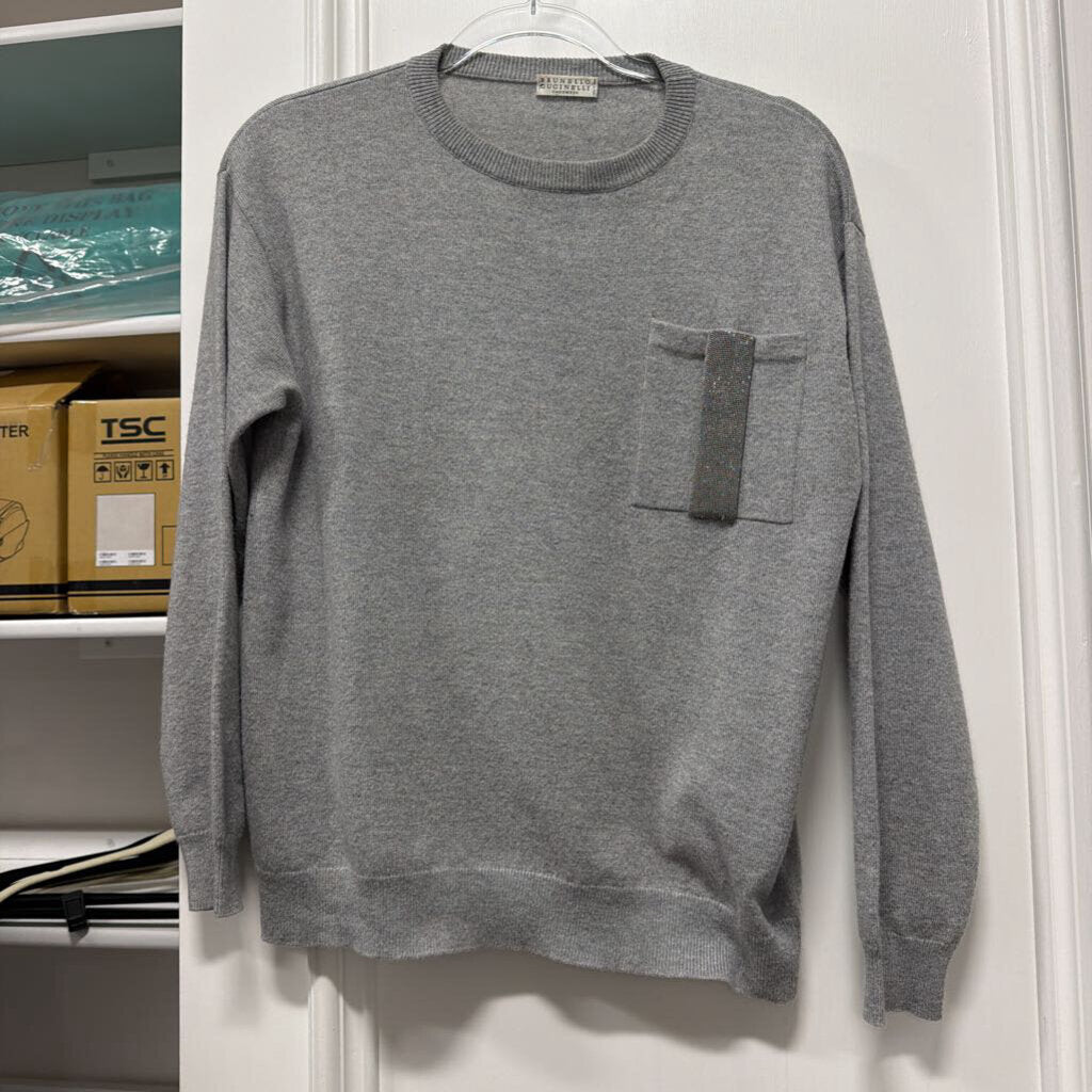 Grey Cashmere Beaded Pocket Sweater