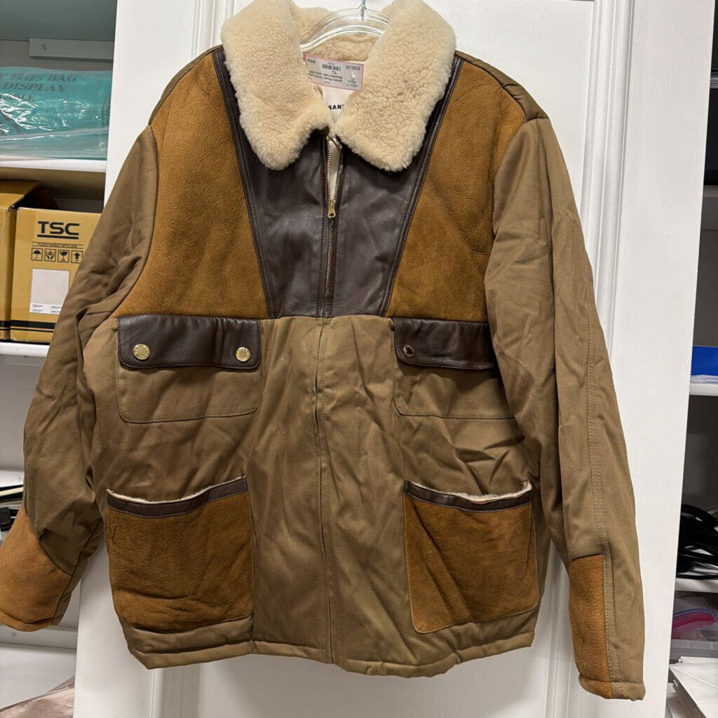 Brown Cotton/Leather Shearling Collar Jacket (NWT)