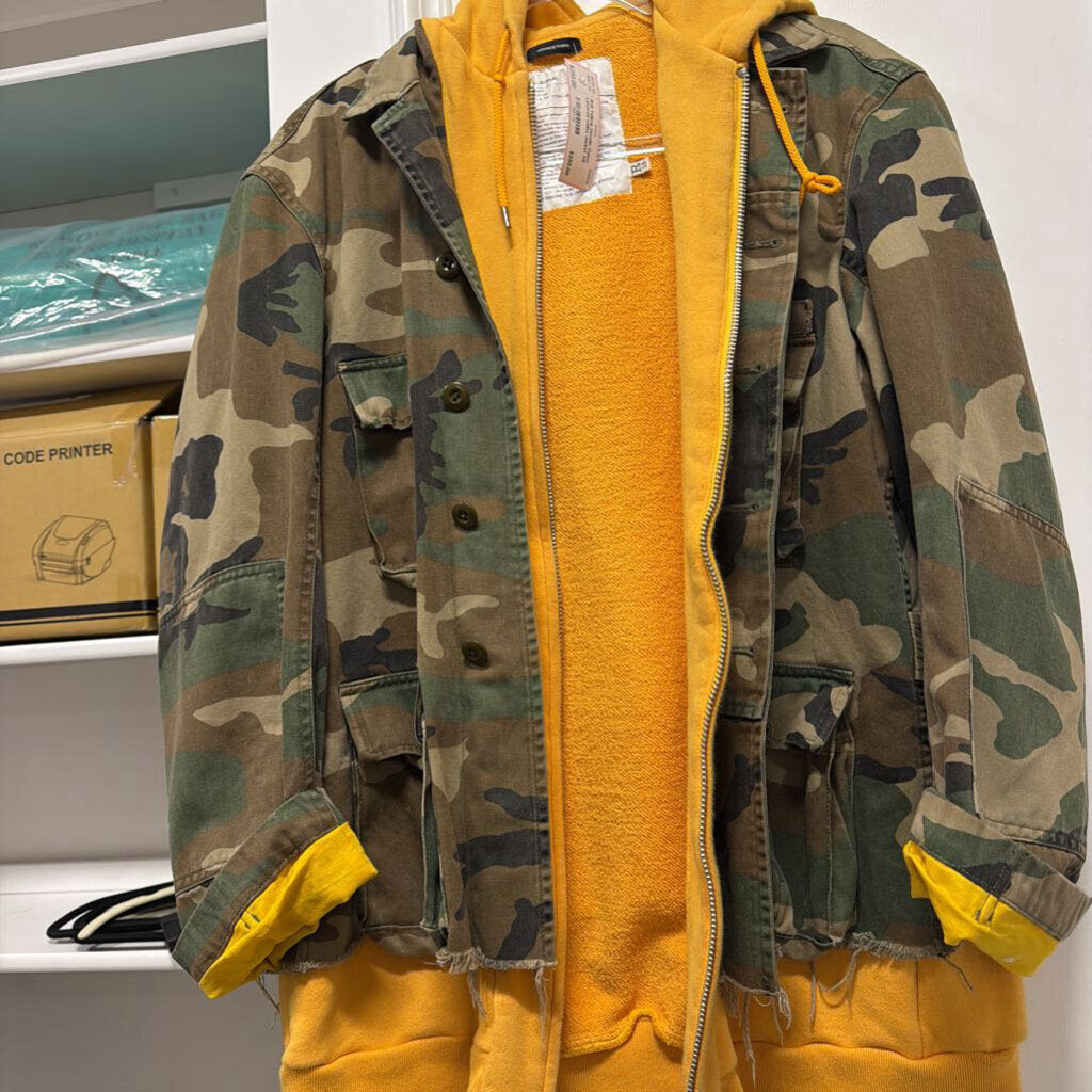 Yellow Hoodie Camo Layered Utility Jacket