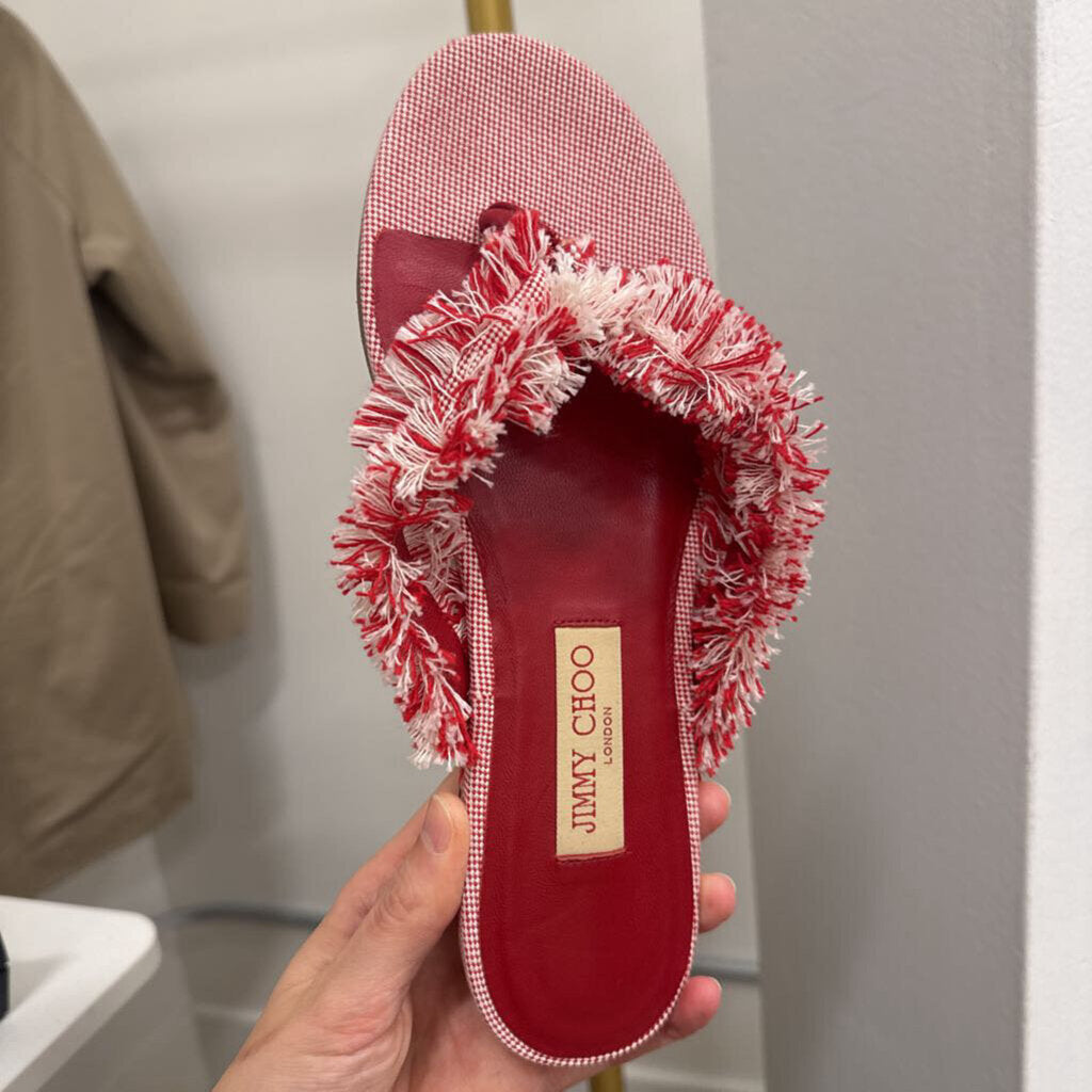Red Canvas Fringed Flip Flops