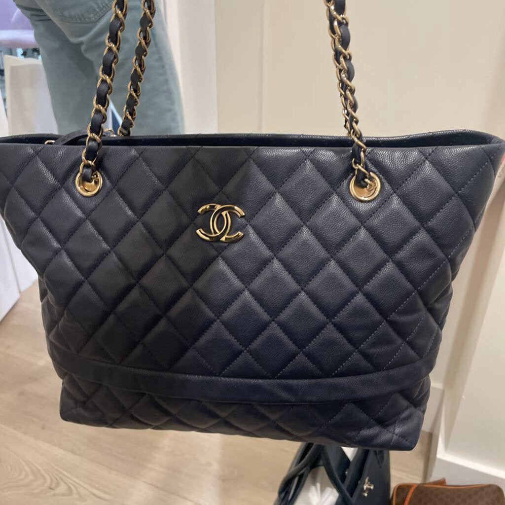 Navy Caviar Quilted Rolled Up Tote