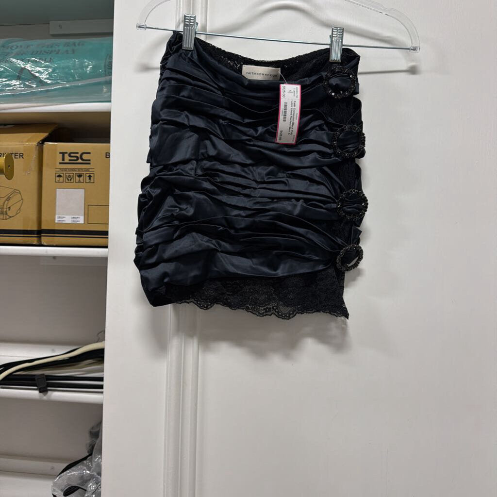Black Poly Lace Lined Ruched Skirt