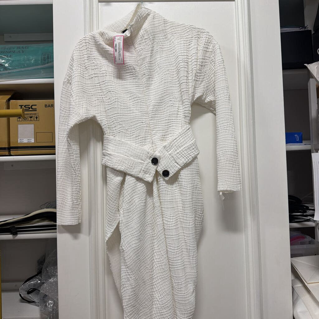 White Pleated Belted Midi Dress