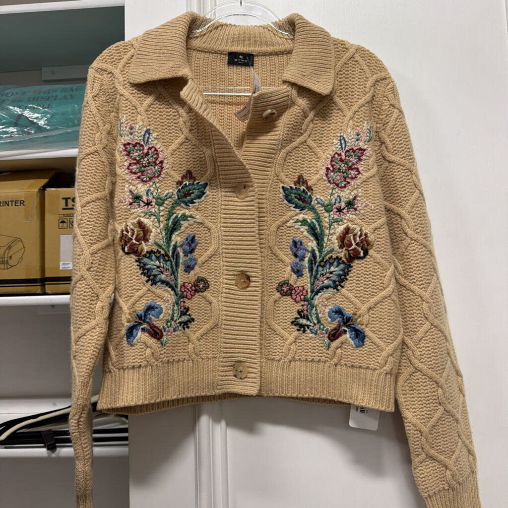 Beige Floral Embroidered Wool Cashmere Cardigan (NWT)