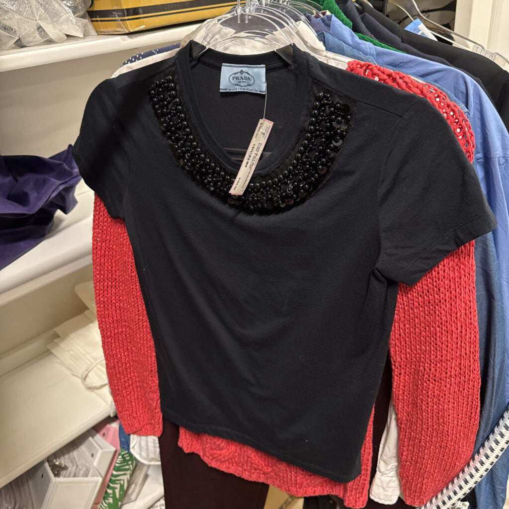 Black Bead Embellished Collar T-Shirt
