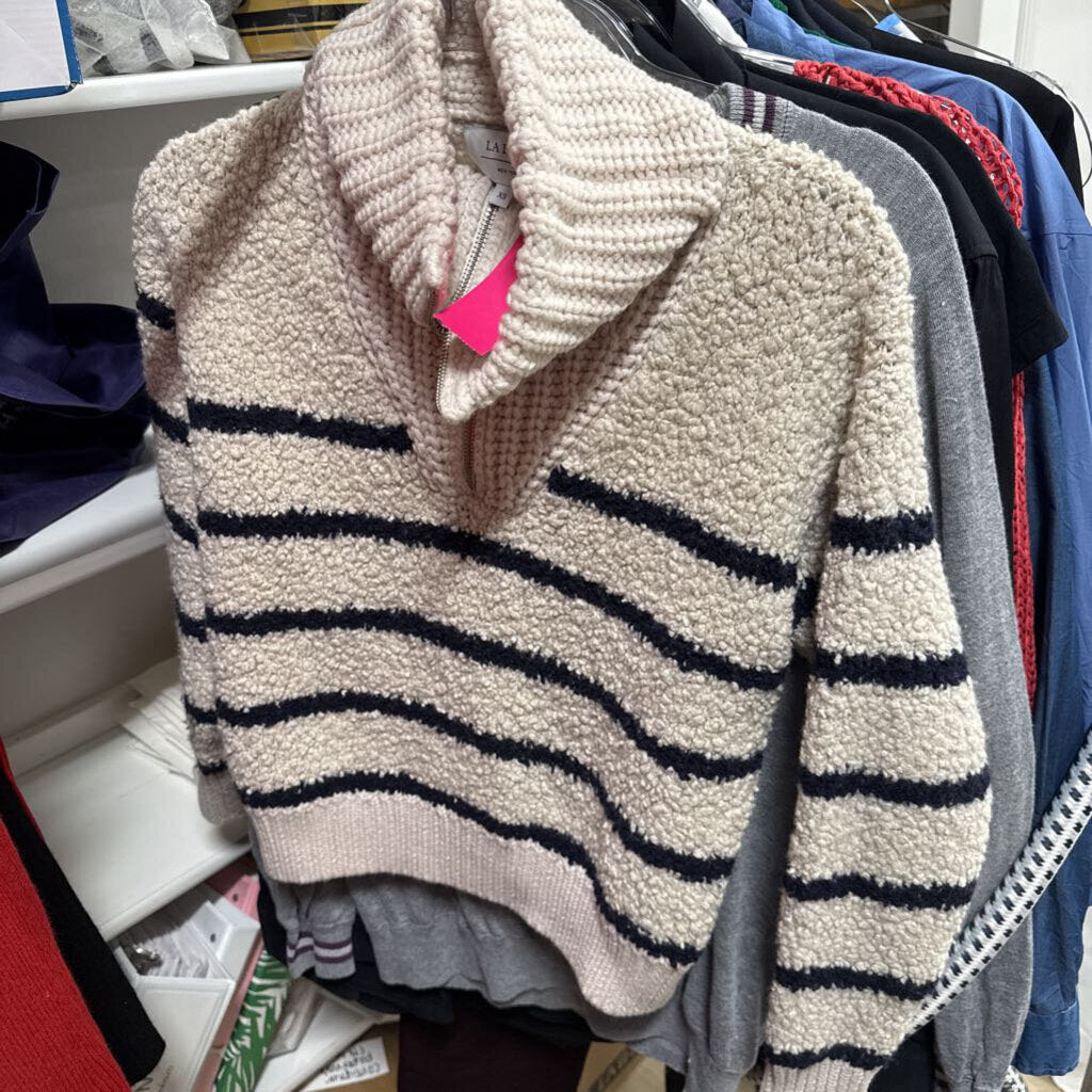 Cream/Navy Stripe Wool Blend Quarter Zip