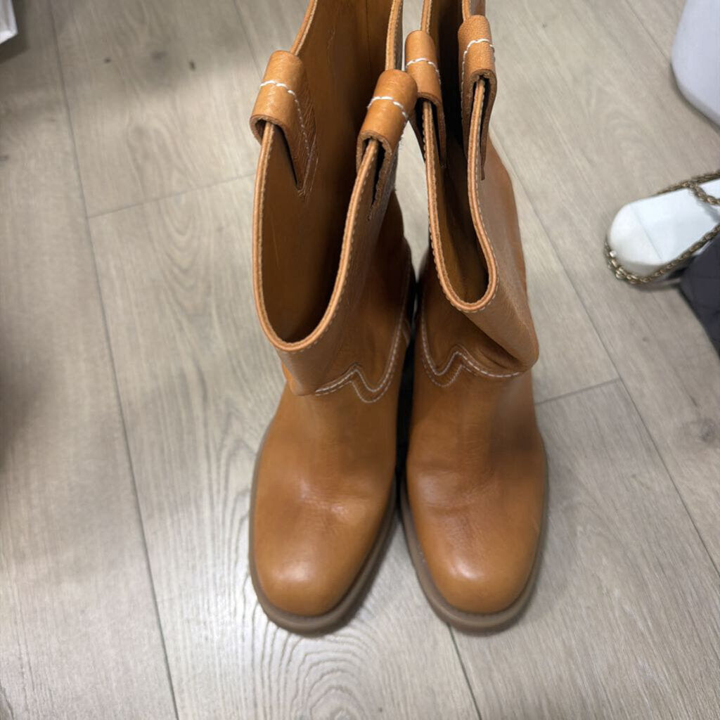 Brown Leather Tall Boot White Stitch