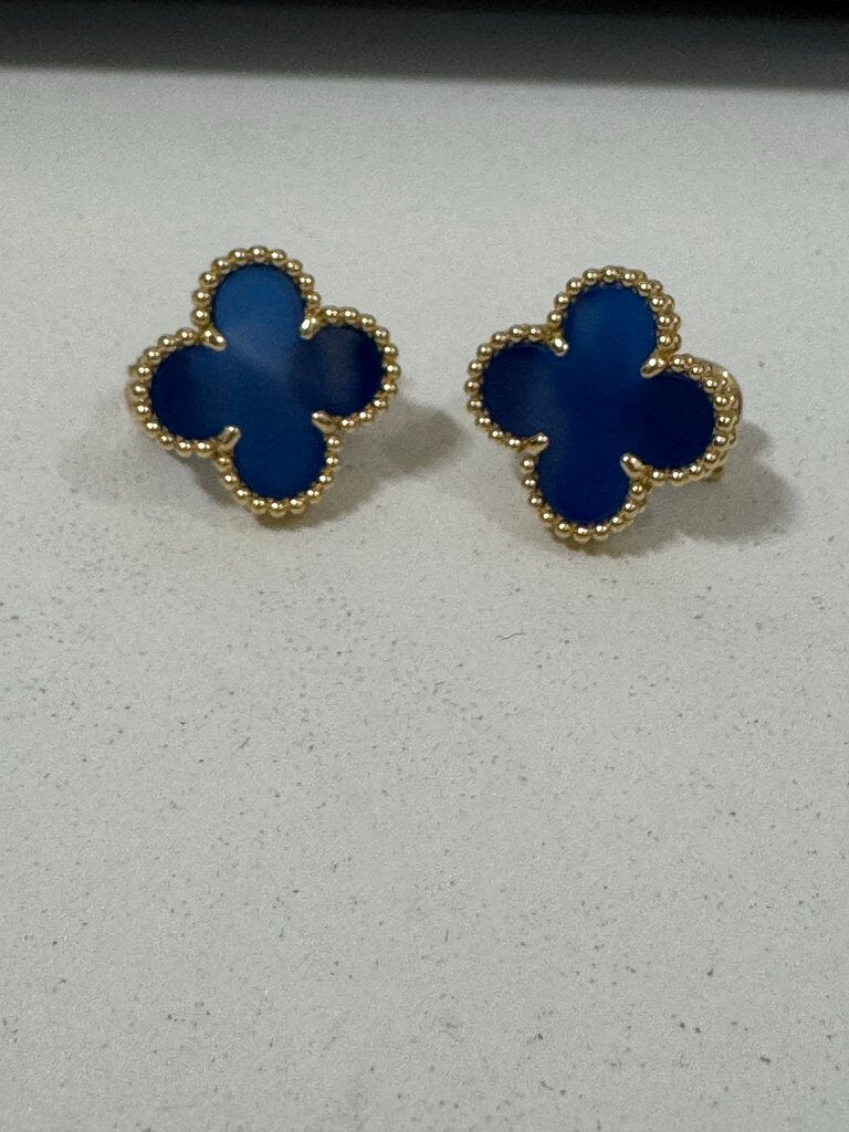 18k Yellow Gold Vintage Alhambra Earrings, Blue Agate