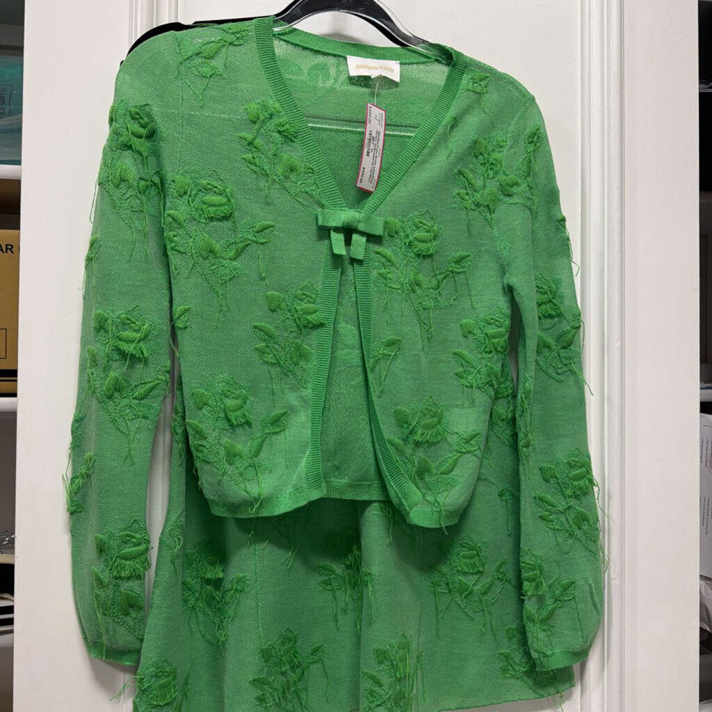 Green Linen/Poly Flower Embroidered Top/Skirt SET