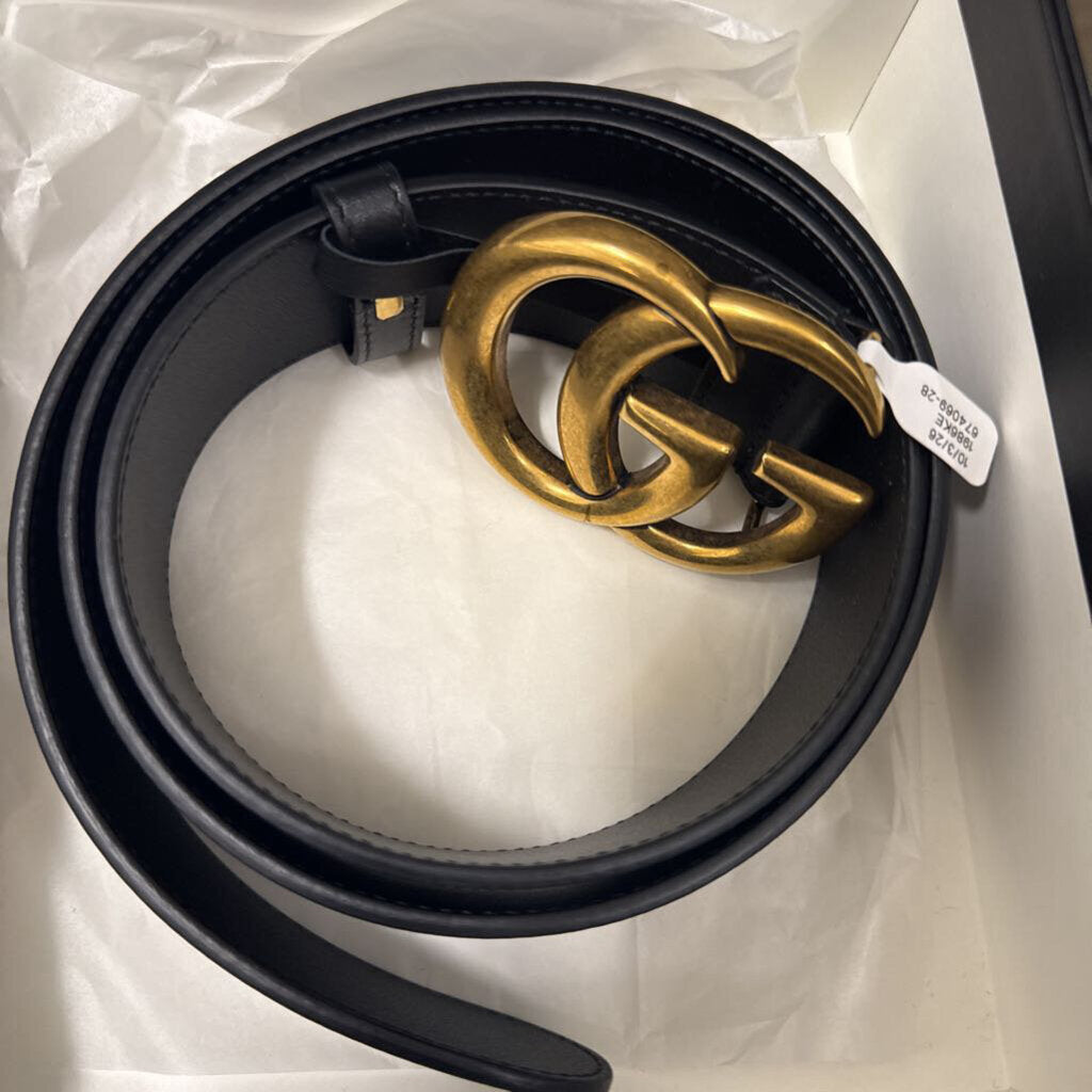 Gucci Black Leather Gold GG Belt, 90 (in box)