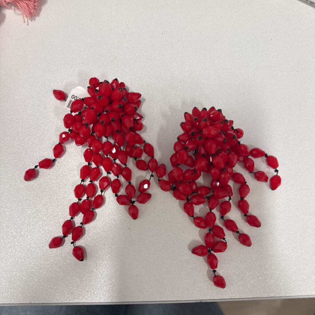 Red Beaded Clip On Earrings