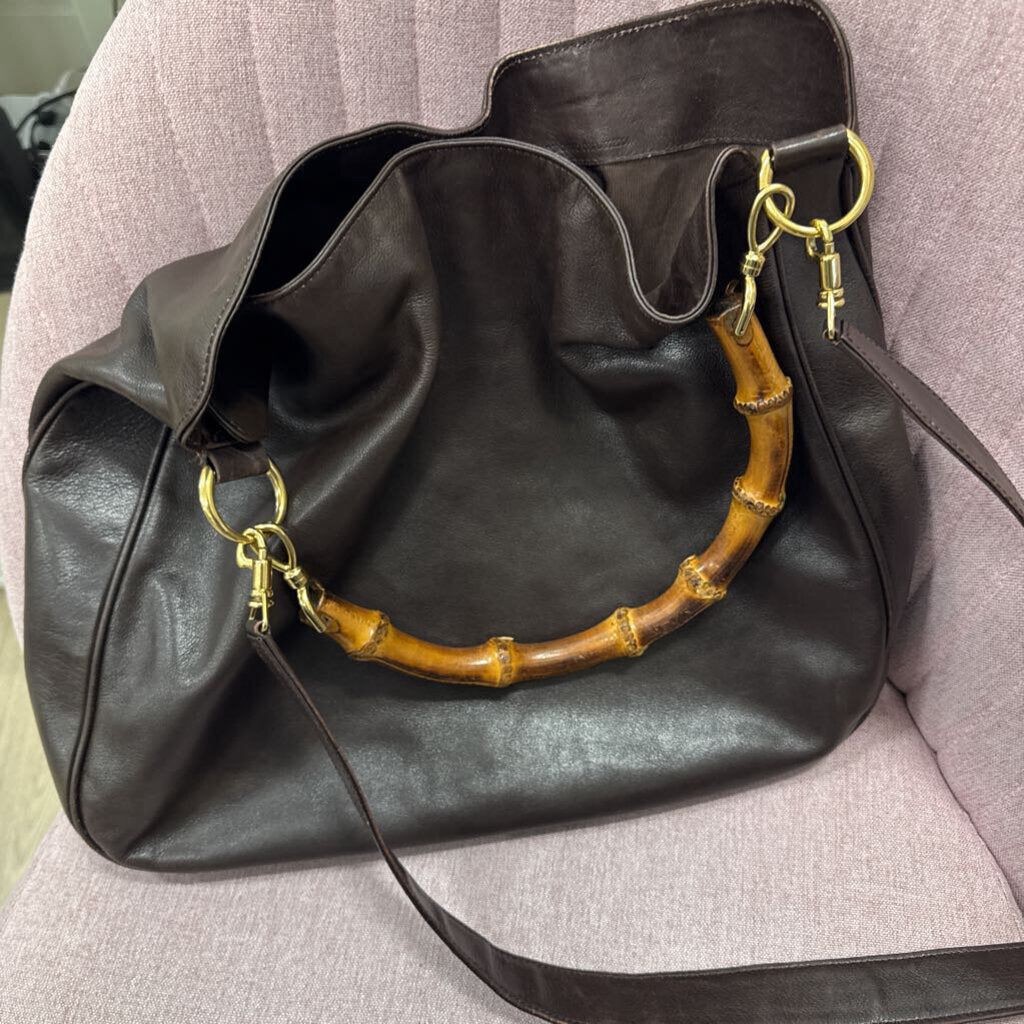 Brown Leather Bamboo Top Handle Bag