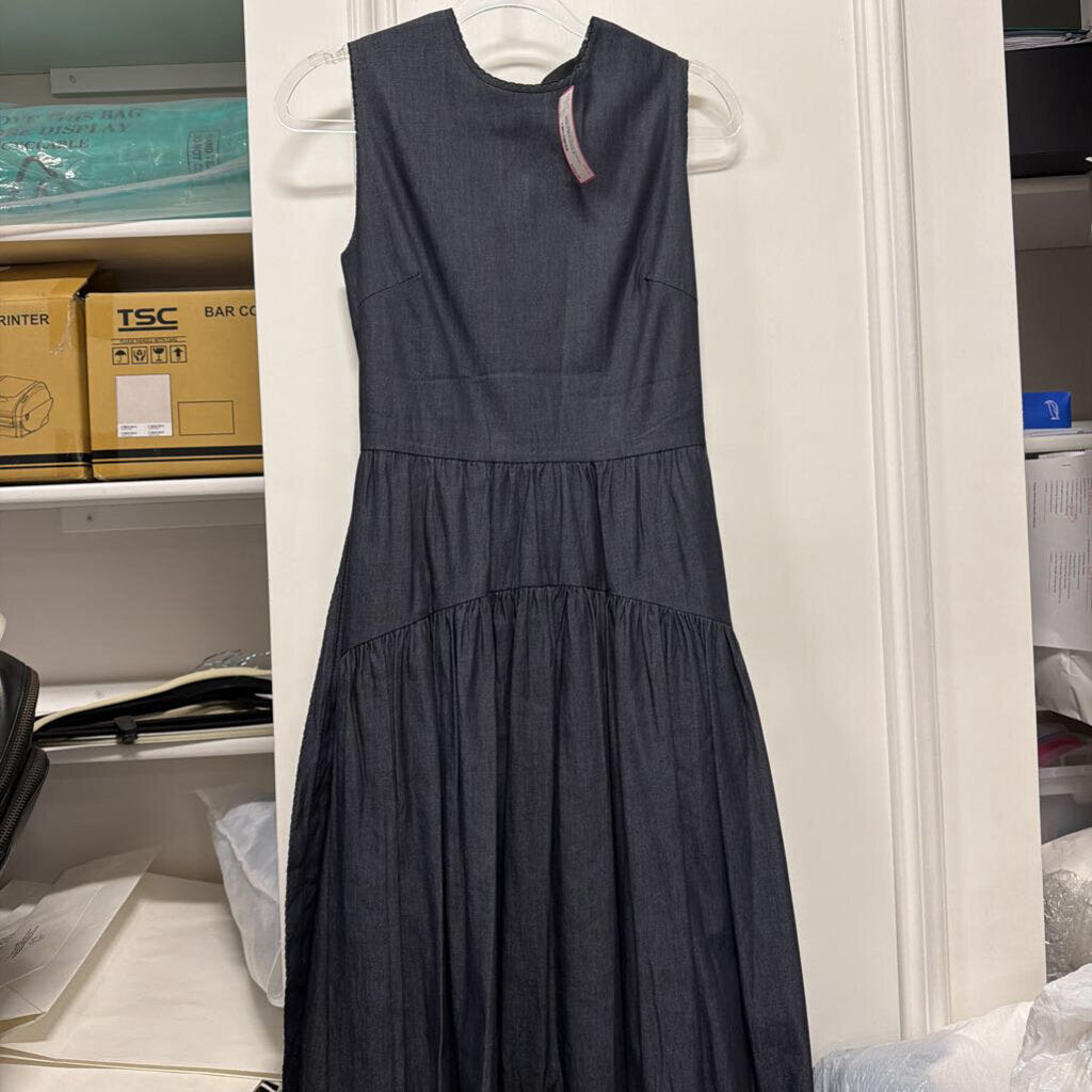 Navy Cotton Belted Midi Dress