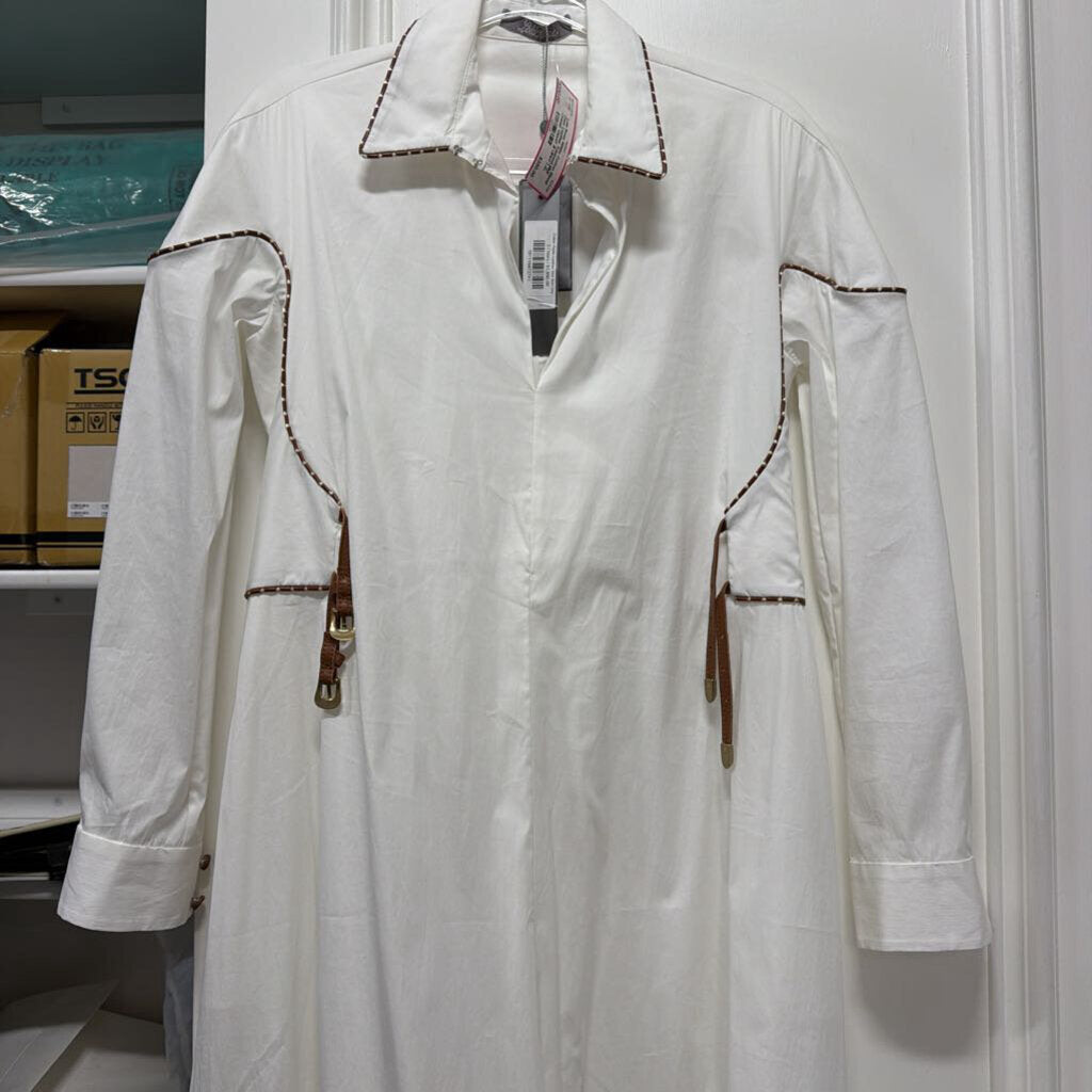 White Cotton Blend Faux Leather Trimmed Midi Dress (NWT $1890)