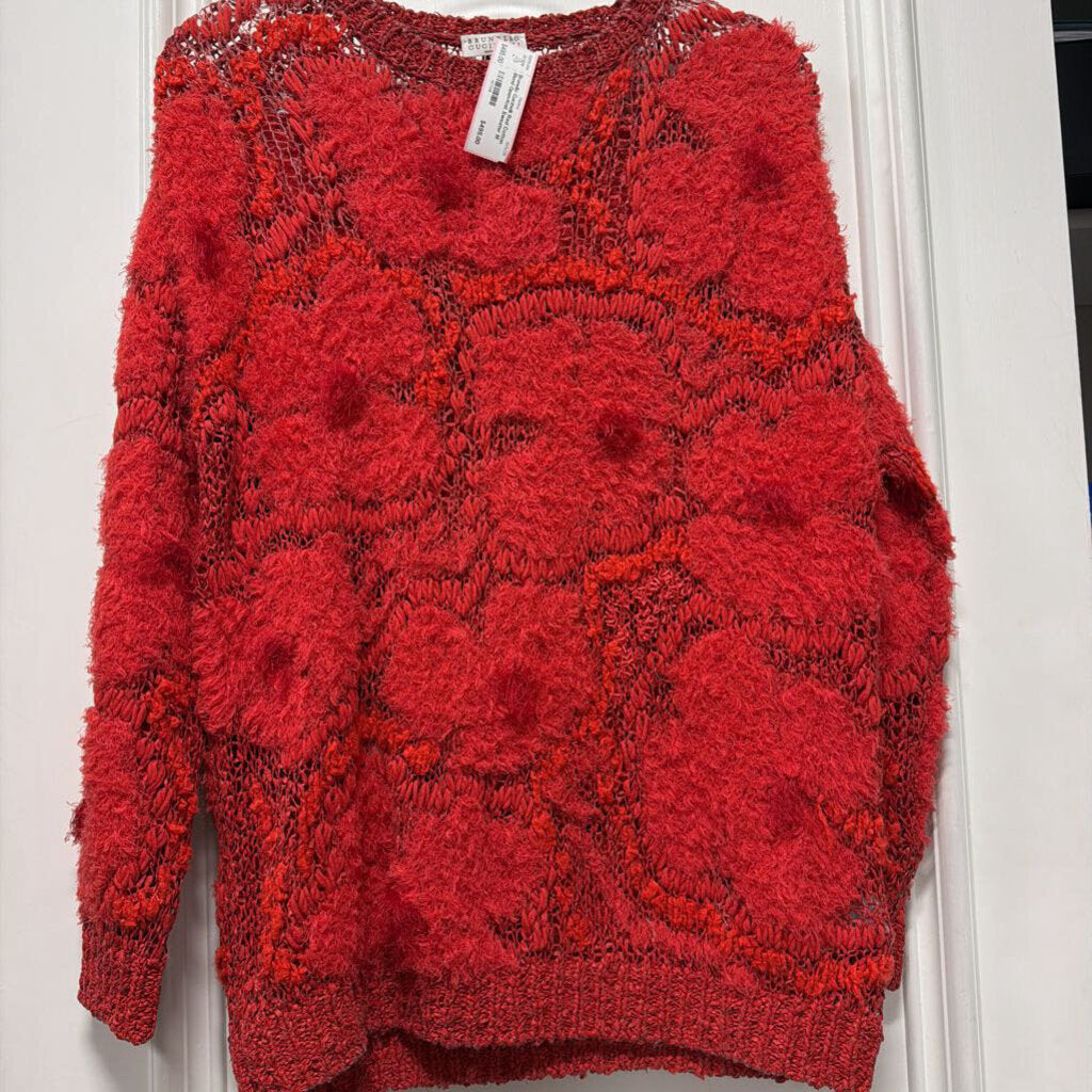 Red Cotton Blend Open-Knit Sweater