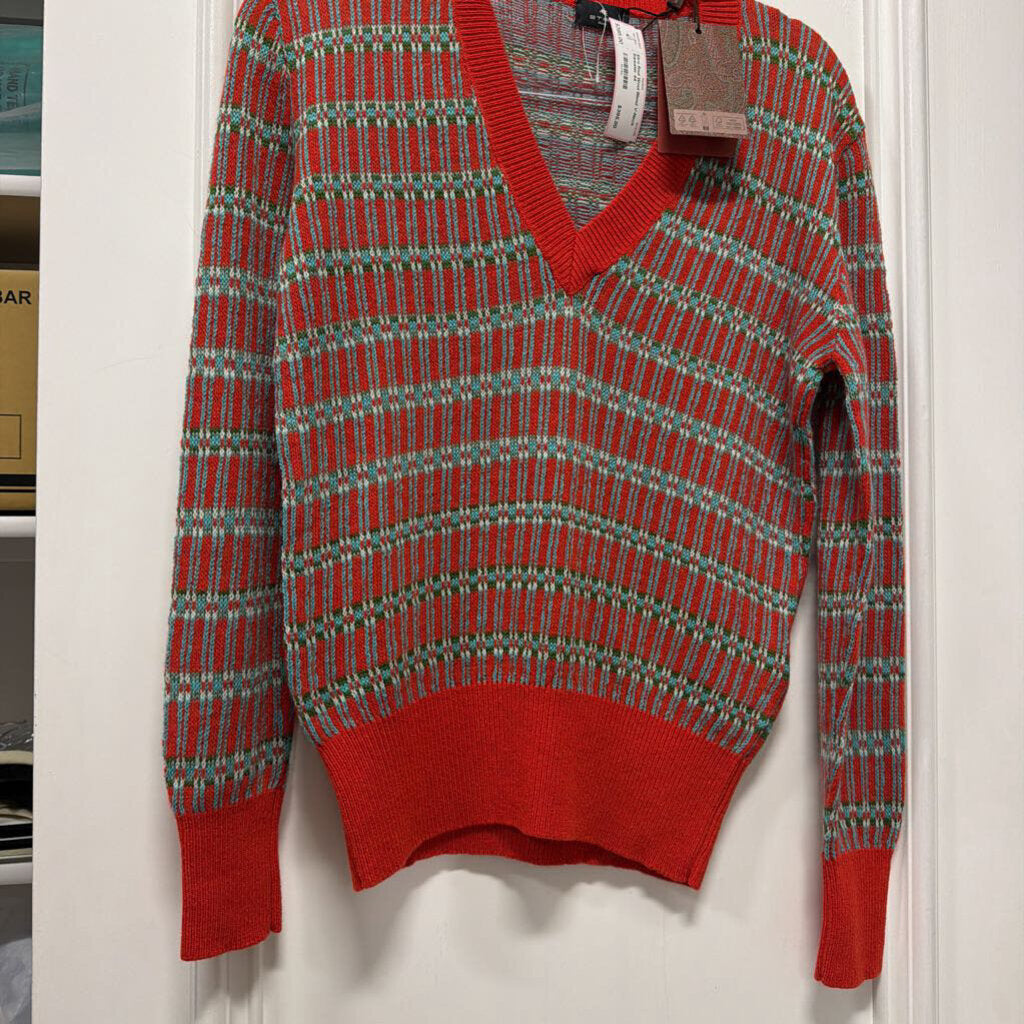 Red Wool Blend V-Neck Sweater