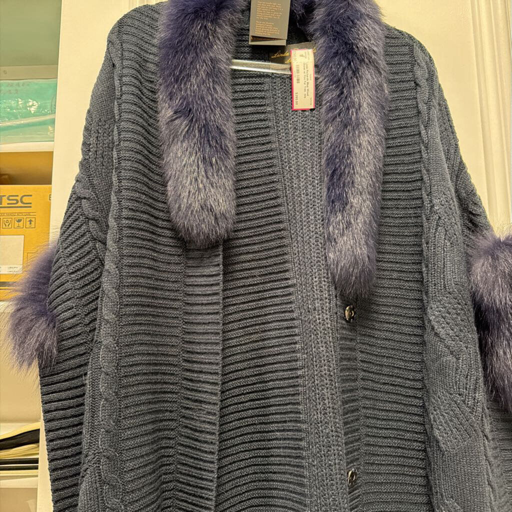 Blue Wool Shawl w/ Fox Fur Trim