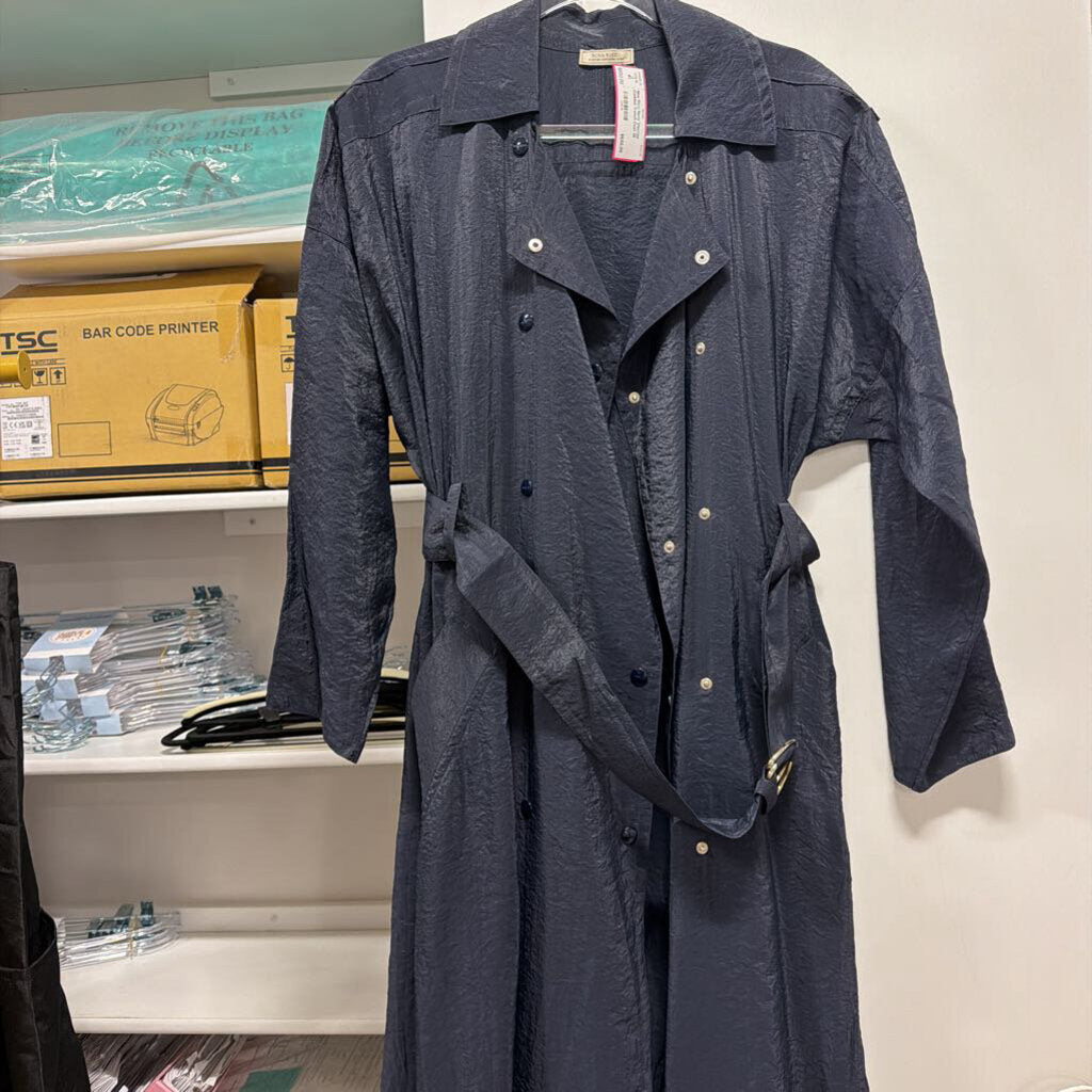 Navy Viscose Crinkled Trench Coat