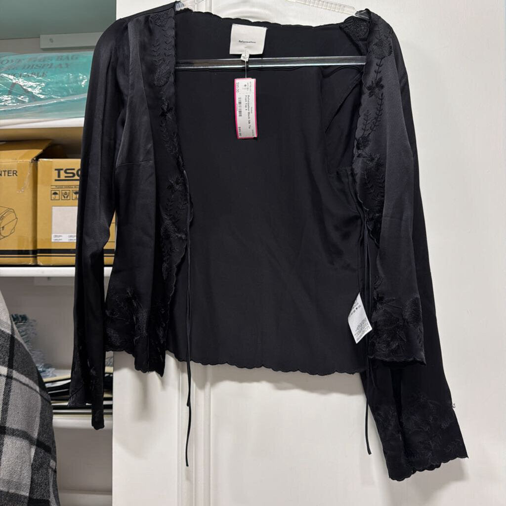Black Silk Tie Front Top