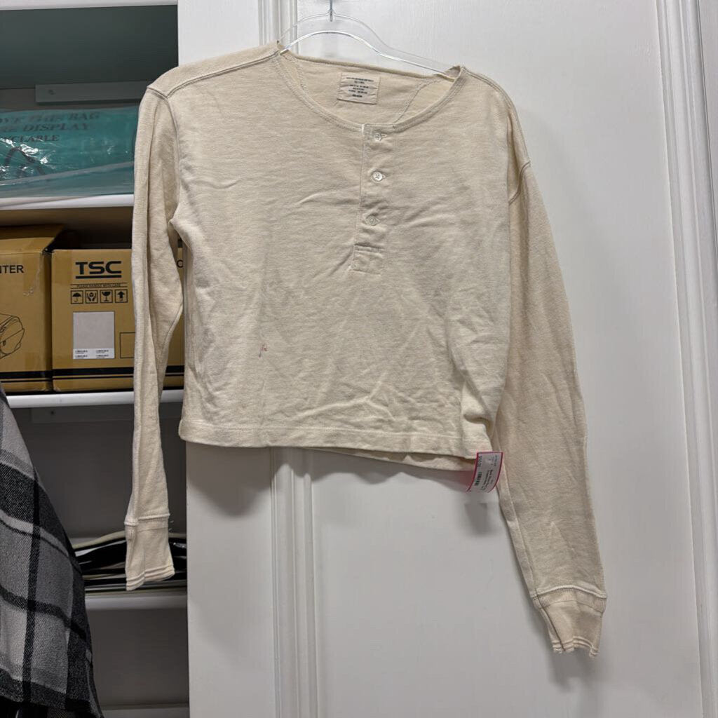 Beige Cotton Cropped Henley Top