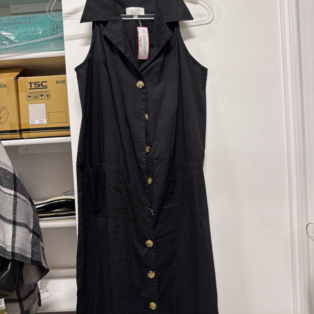 Black Cotton Blend Sleevless Shirt Dress
