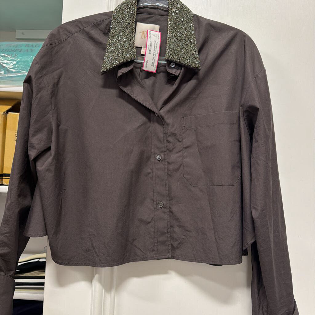 Brown Cotton Cropped Embellished Collar Shirt