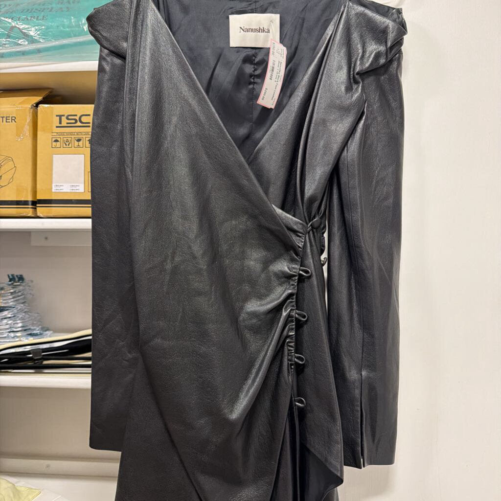 Black Faux Leather Deep V Dress