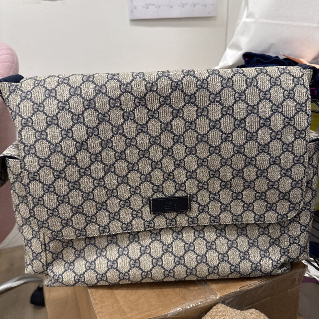 Gucci Beige & Navy GG Messenger Diaper Bag