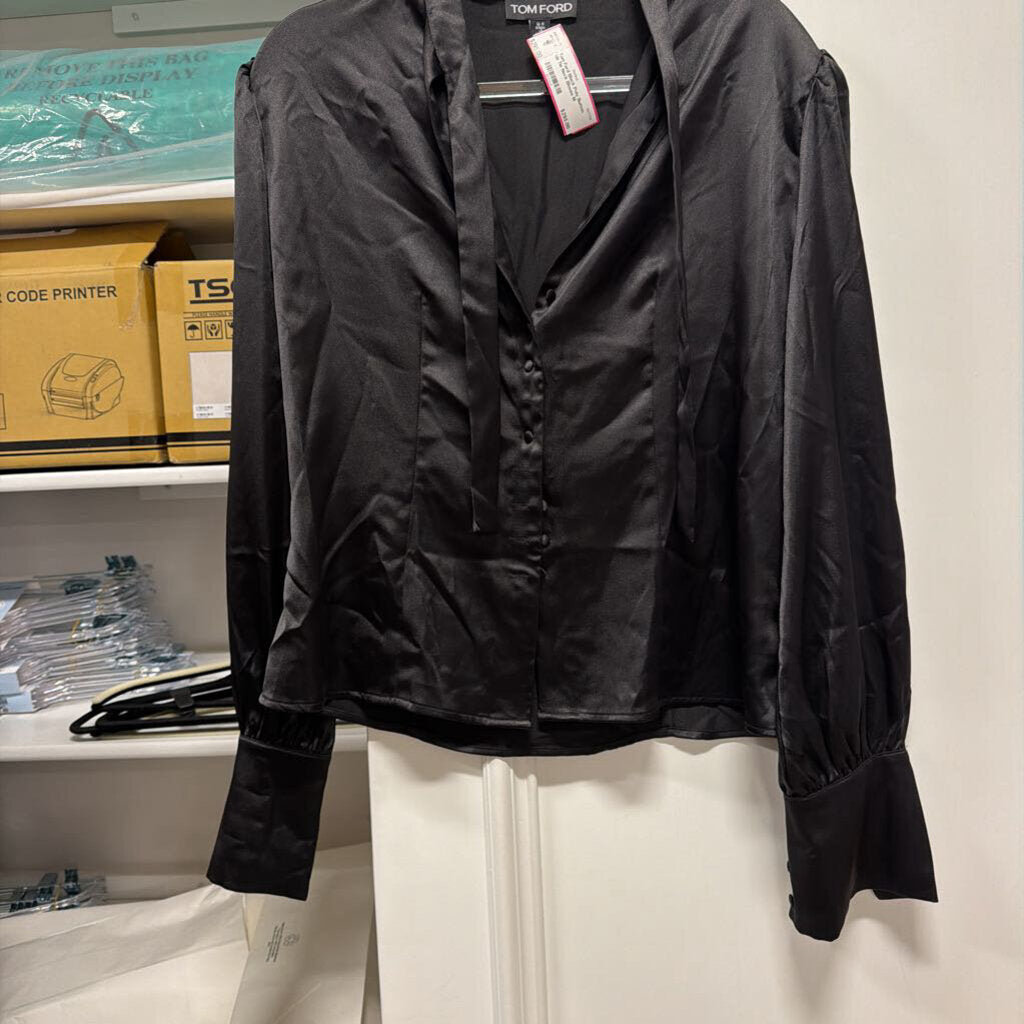 Black Poly Button Up TIe Neck Blouse