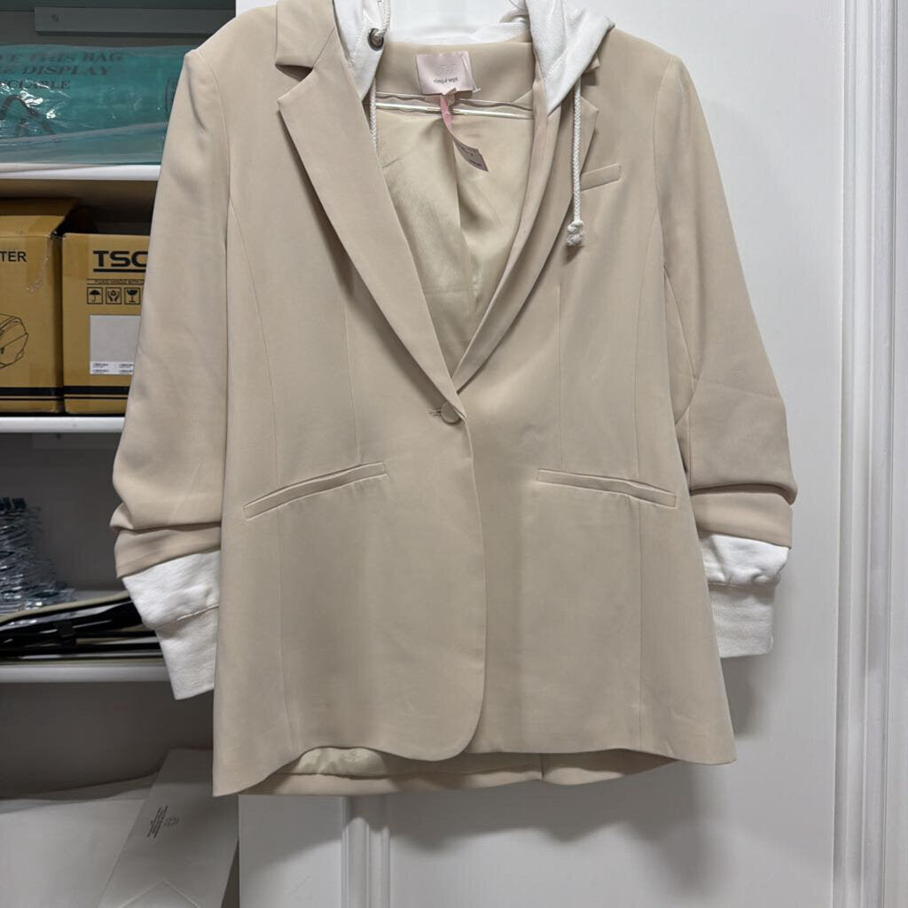 Beige/White Poly/Cotton Hoodie Blazer