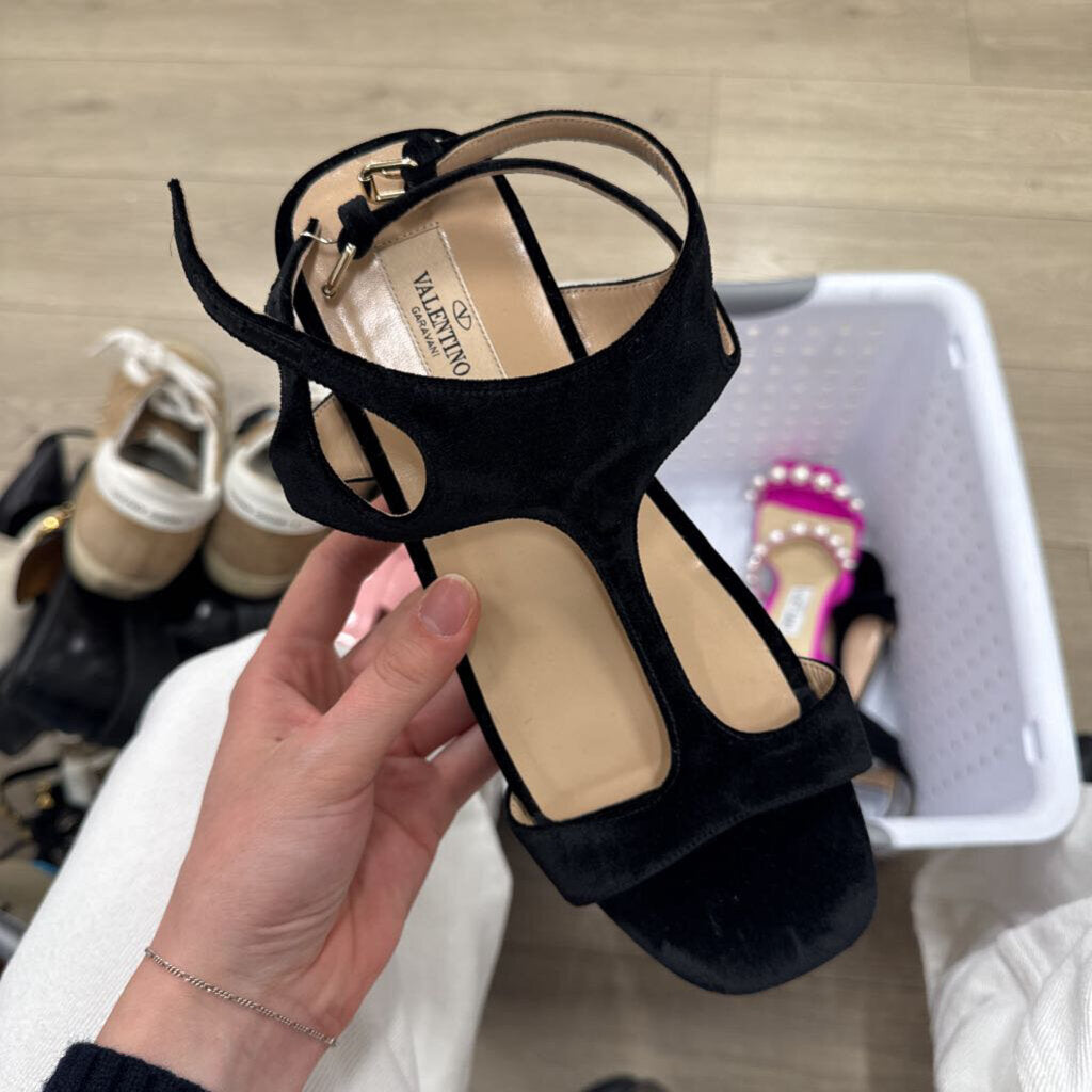 Black Velvet T Strap Sandal