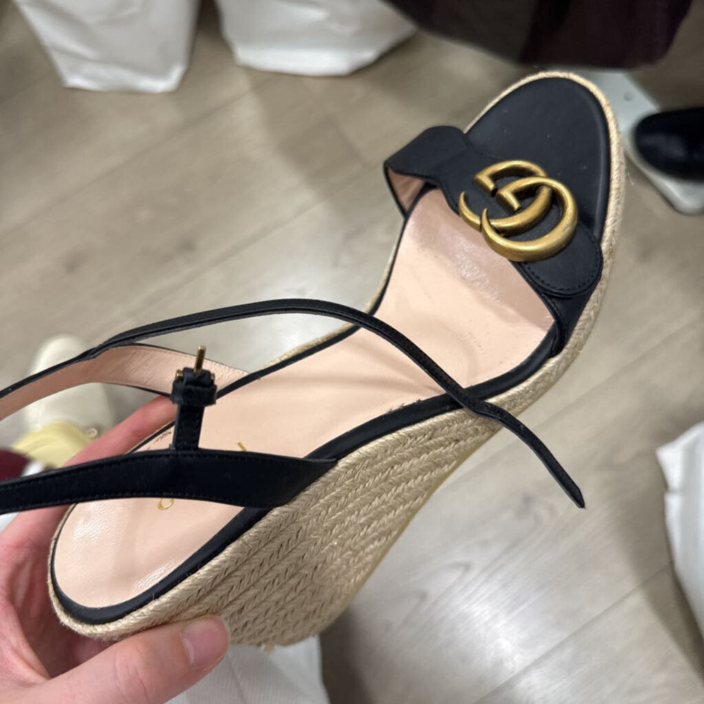 Black Leather Espadrille Wedge Sandal