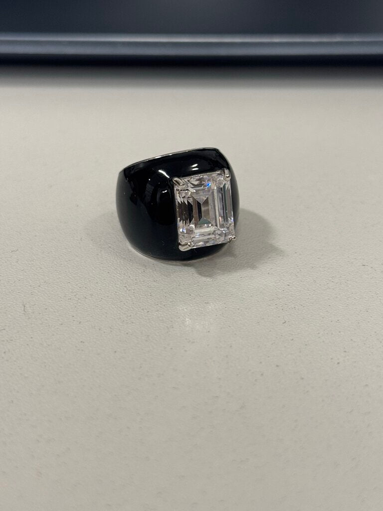 Black Enamel Cocktail Ring w/ Emerald-Cut Stone (595)