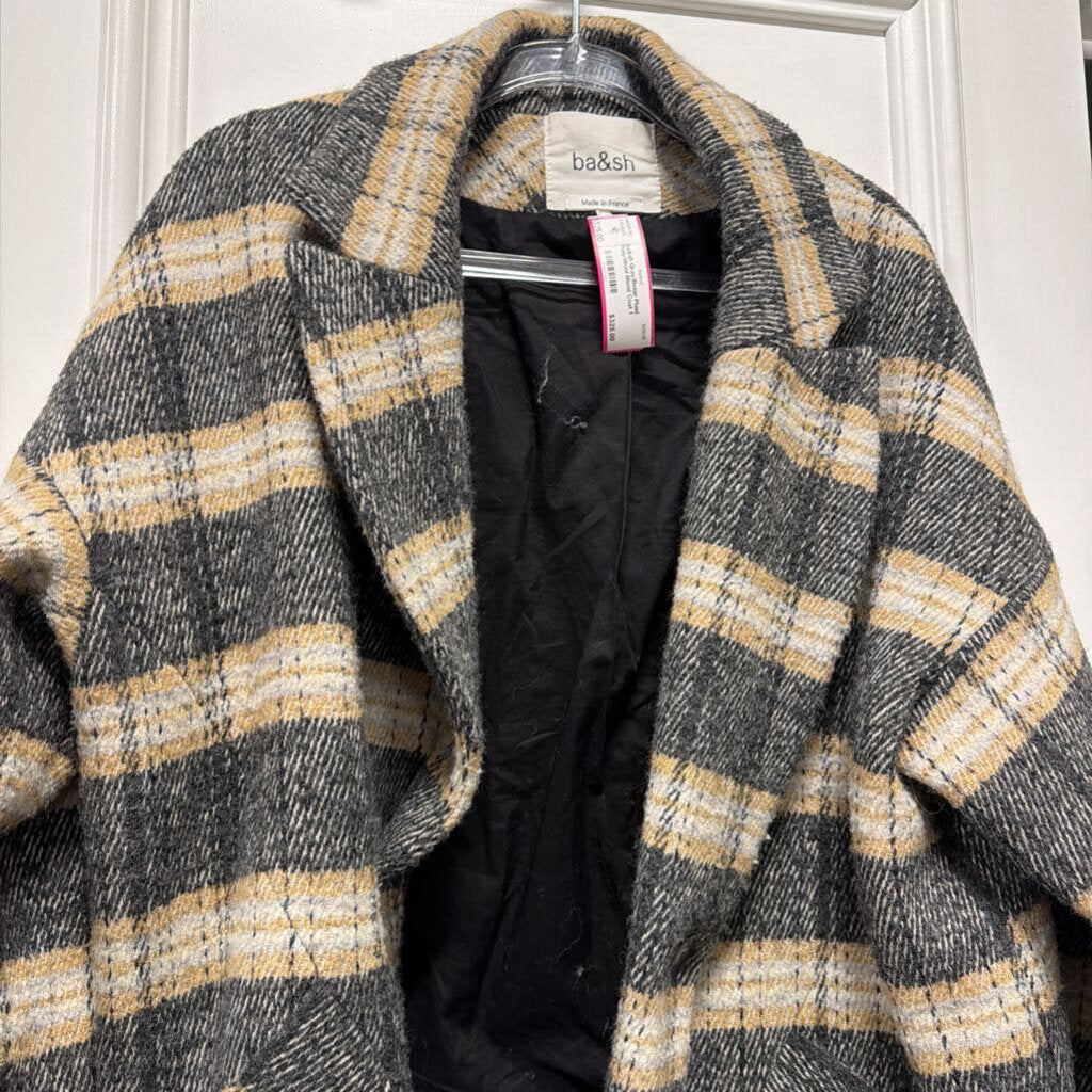 Gray/Beige Plaid Poly/Wool Blend Coat