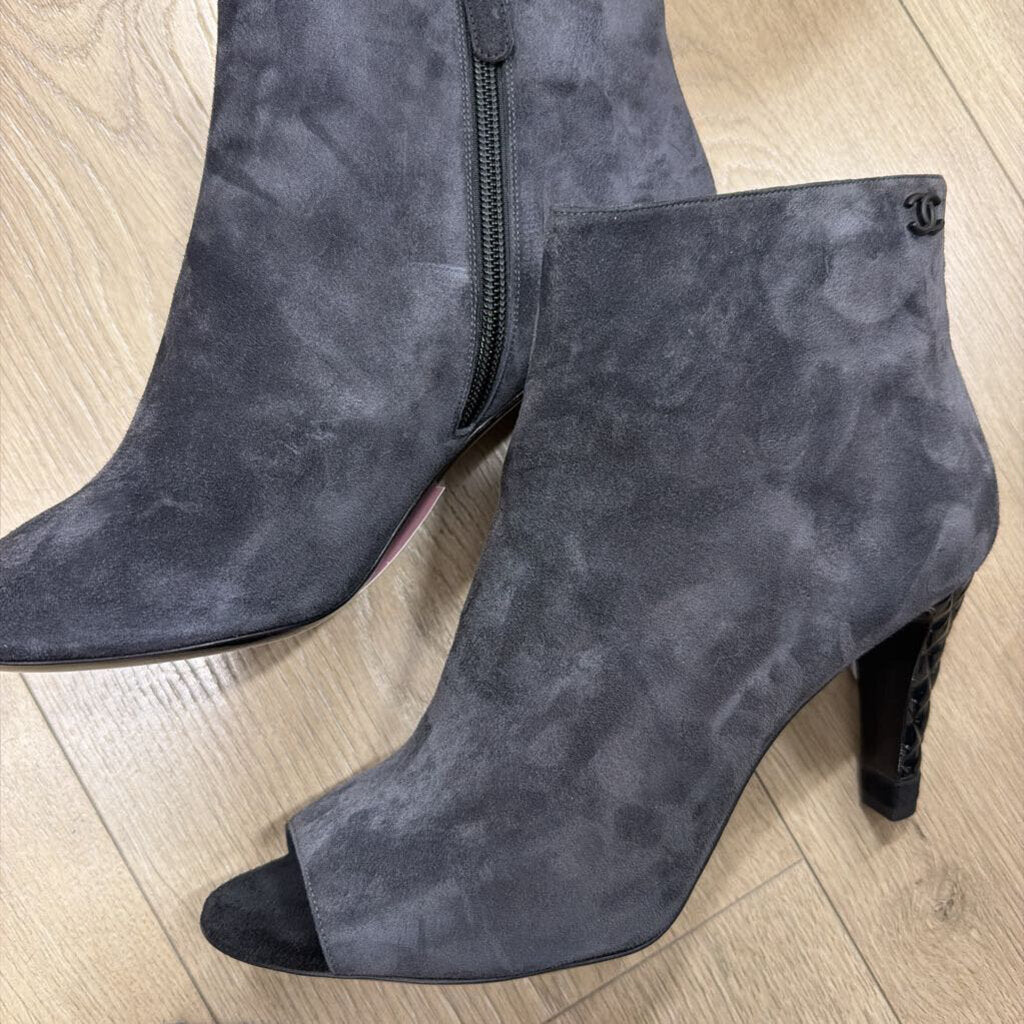 Chanel Grey Suede Black Leather Heel Ankle Boot