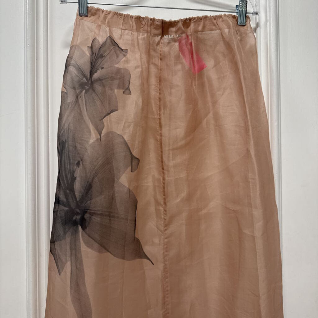 Pink/Black Floral Silk Sheer Midi Skirt
