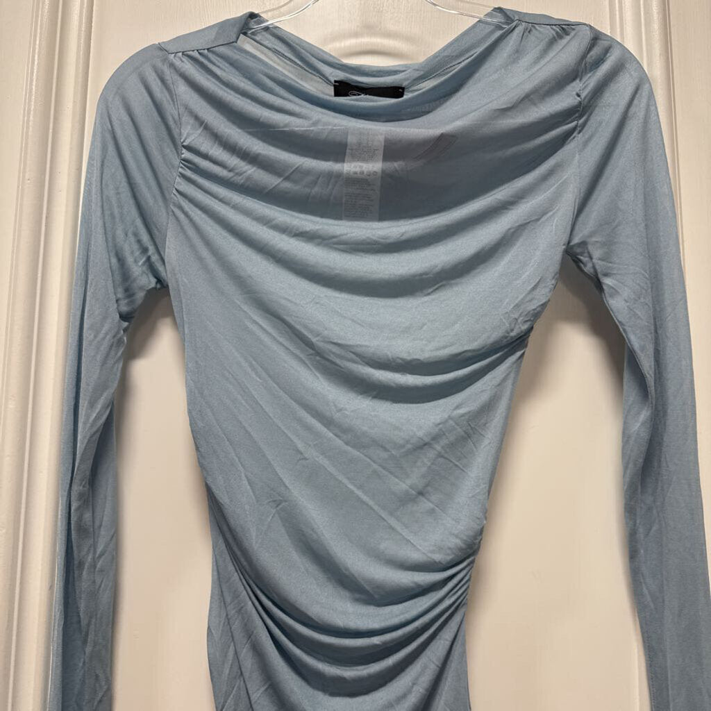 Blue Viscose Sheer Ruched LS Top