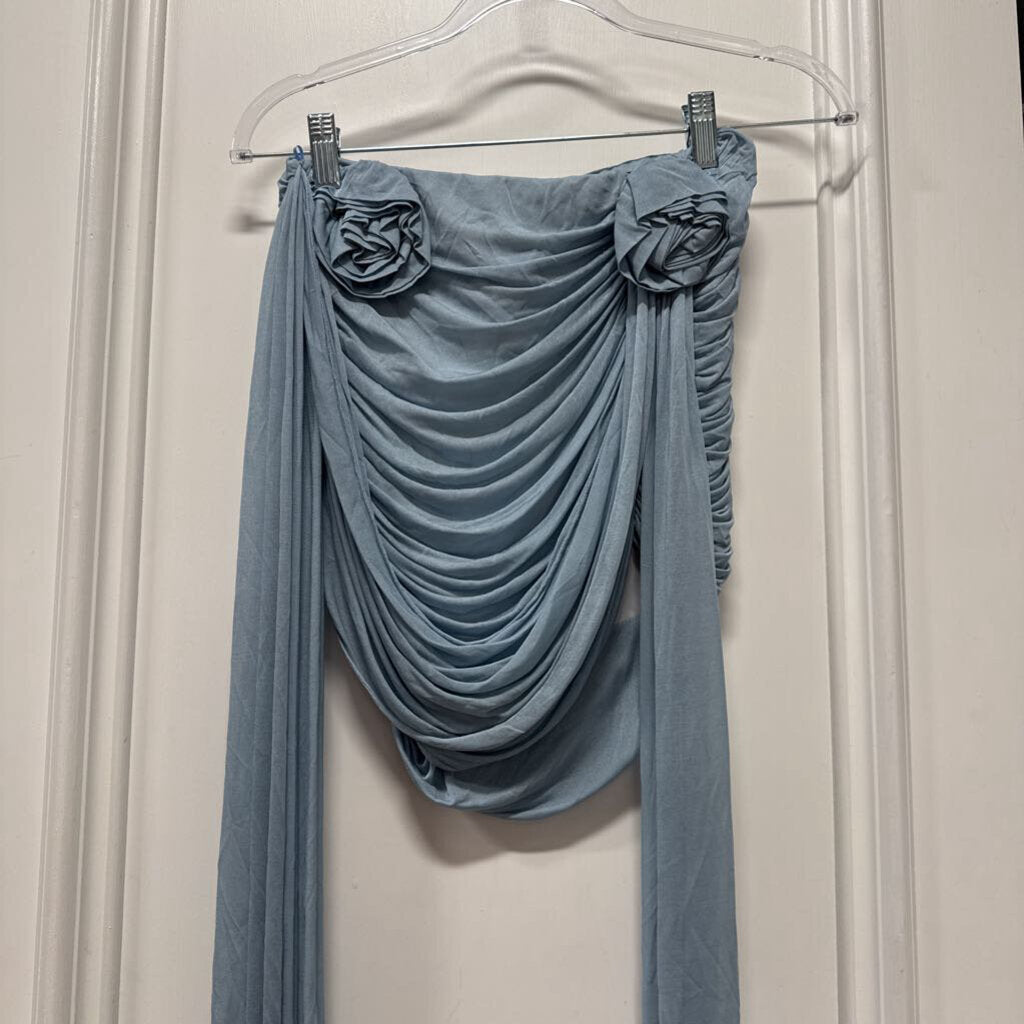 Blue Viscose Draped Floral Skirt