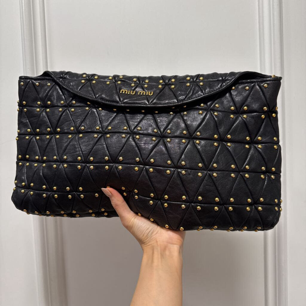 Black Leather Quilted Studded Clutch Bag (missing stud)