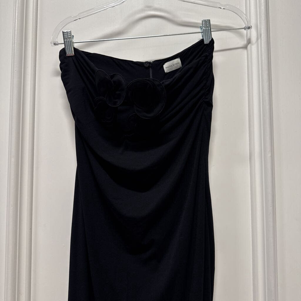 Black Poly Strapless Flower Emb. Maxi Dress