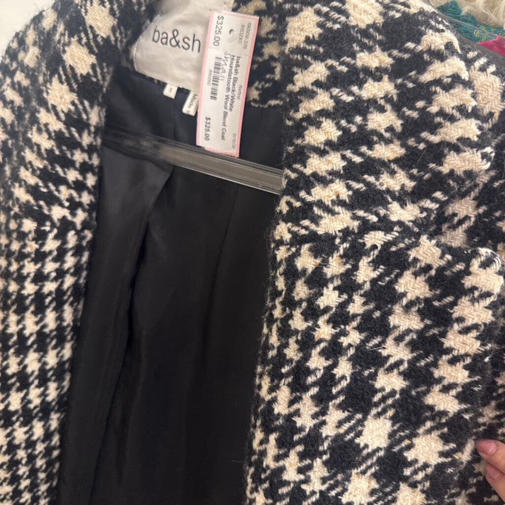 Black/White Houndstooth Wool Blend Coat
